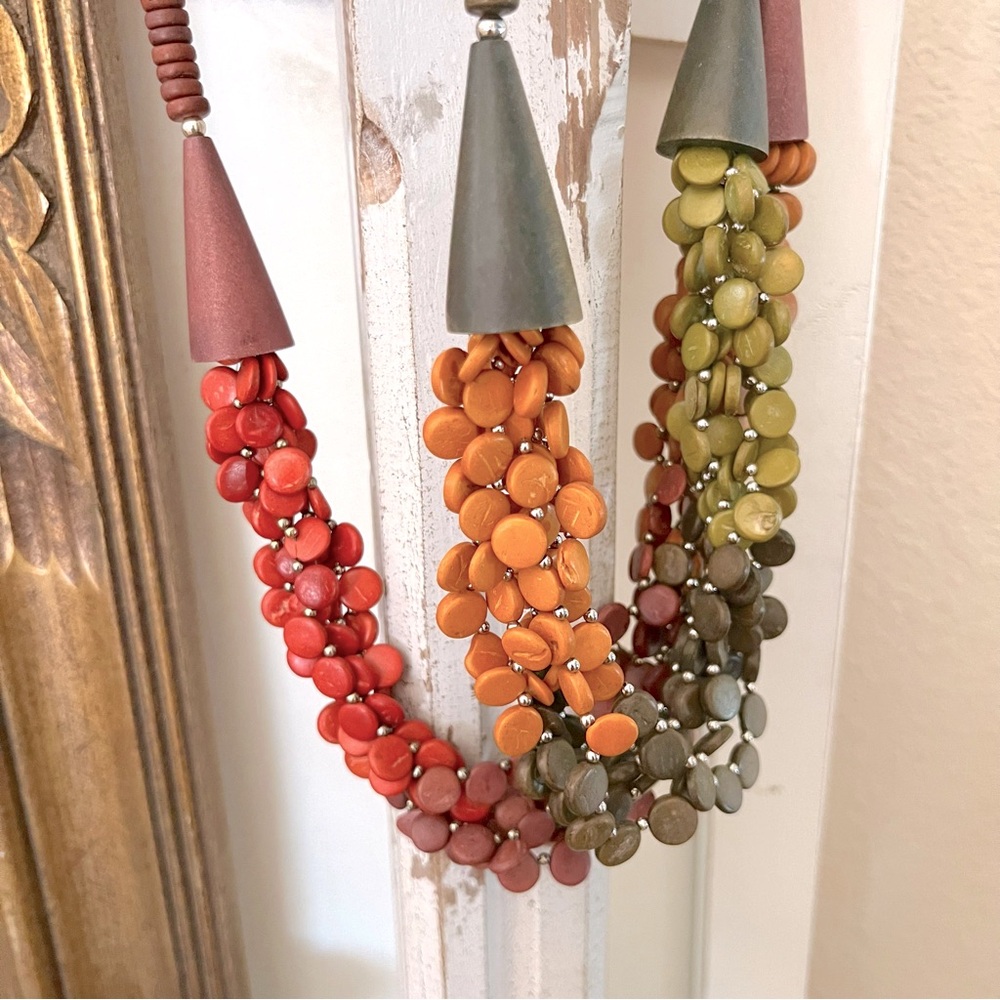 Vintage 1970s Set of 2 Wood Bead Disc Statement Necklaces